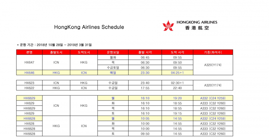 [홍콩항공] 2018/19 동계시즌 홍콩 스케줄 안내