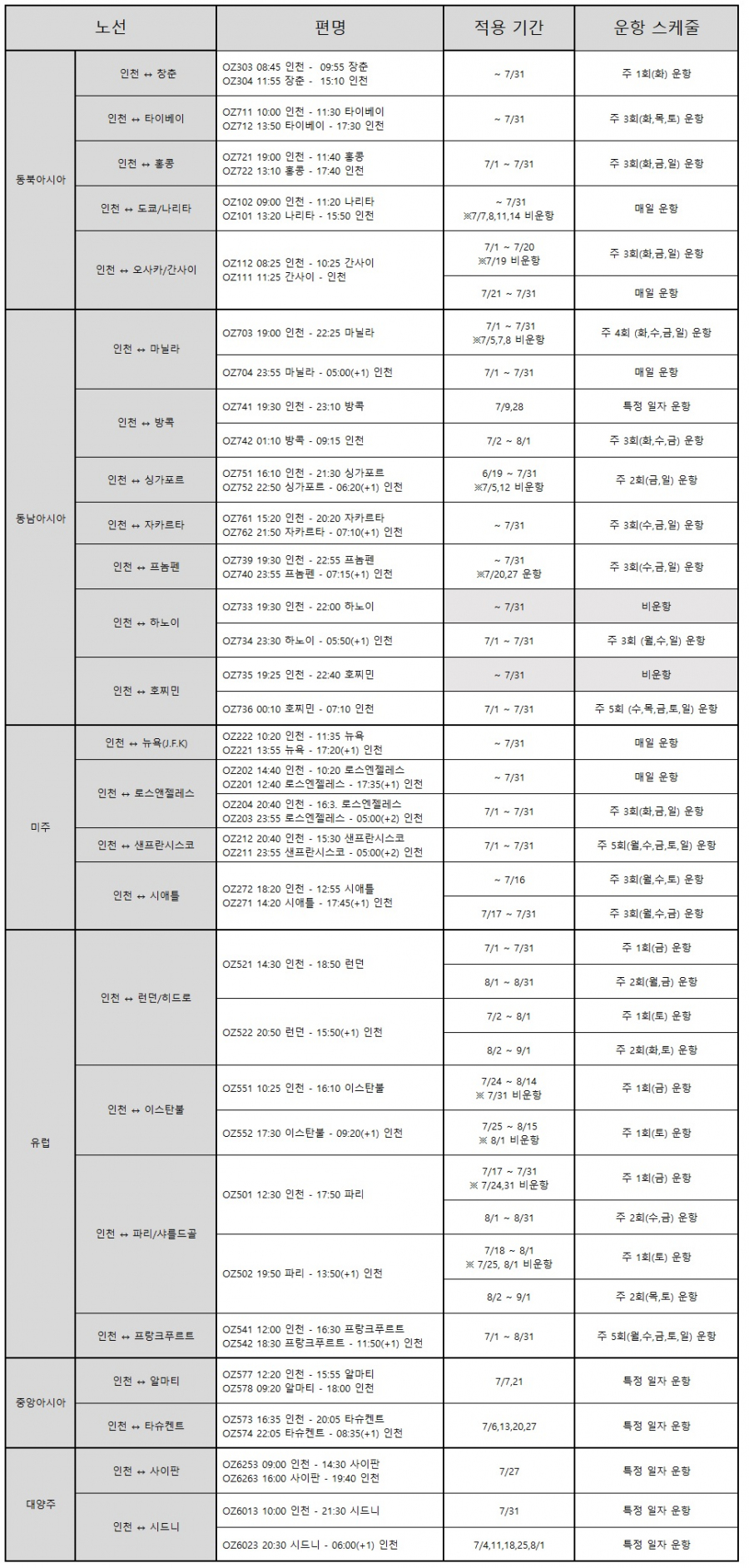 아시아나항공 7~8월 운항스케줄 안내