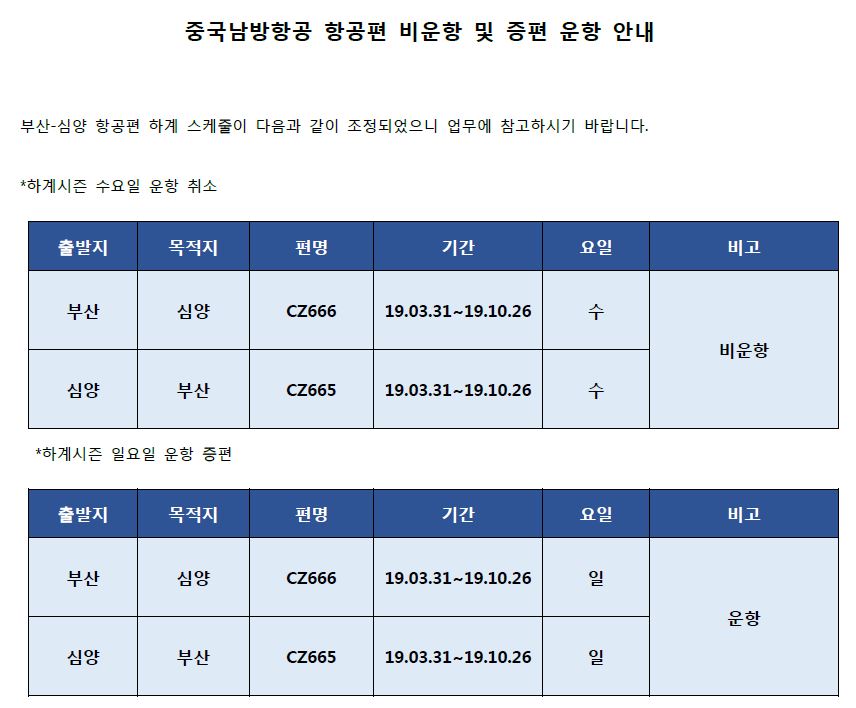 [중국남방항공] 부산-심양 항공편 비운항 및 증편 운항 안내