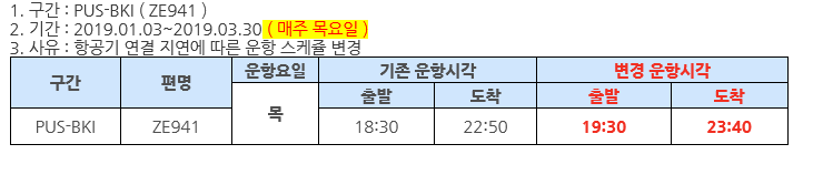 [이스타항공] 부산-코타키나발루 운항시간 변경 안내